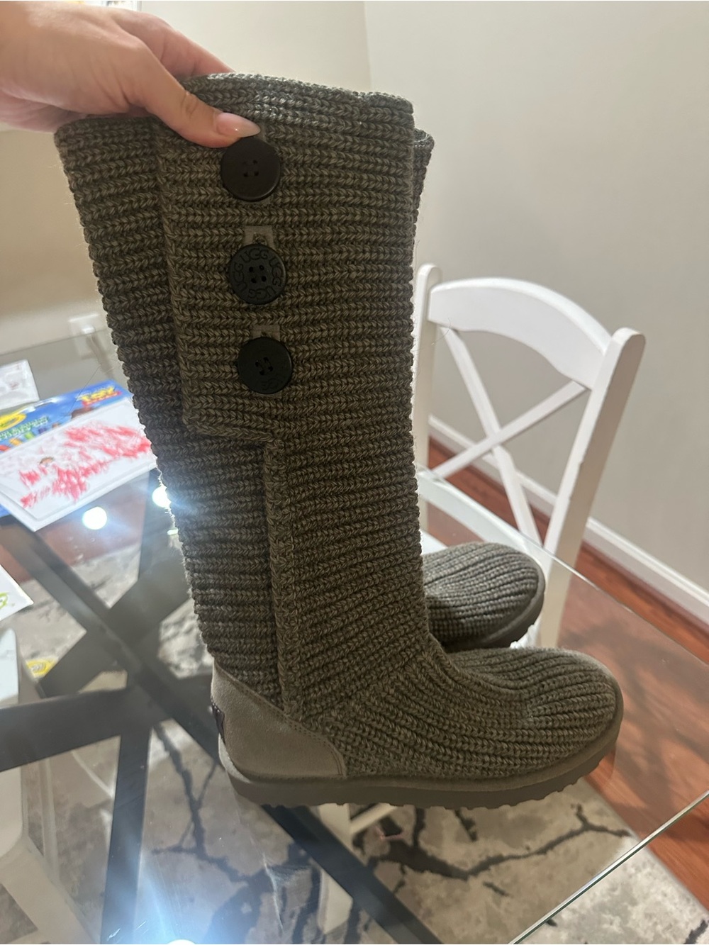 UGG Women's Tall Knit Button Boots in Olive Green